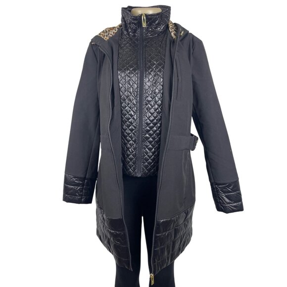 Via Spiga Black Quilted Hooded Coat With Golden Detail & Leopard Lining Szize S - Picture 2 of 13